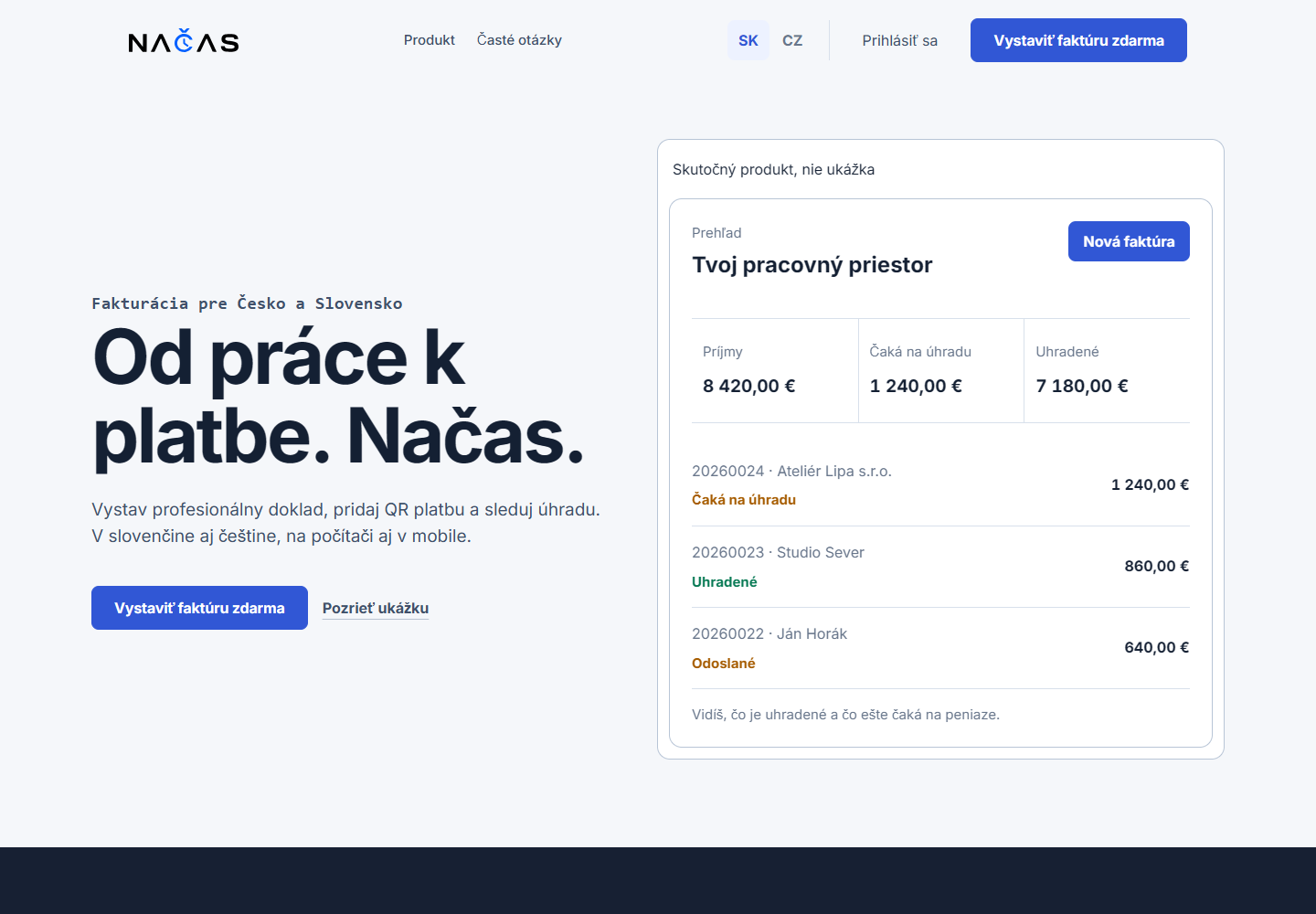 Landing page projektu Načas